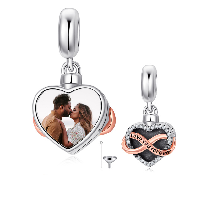 Sterling Silver Two-tone Circular Shaped Cubic Zirconia Personalized Photo & Heart Dangle Charm with Engraved Word-1