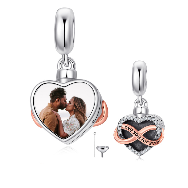 Sterling Silver Two-tone Circular Shaped Cubic Zirconia Personalized Photo & Heart Dangle Charm with Engraved Word