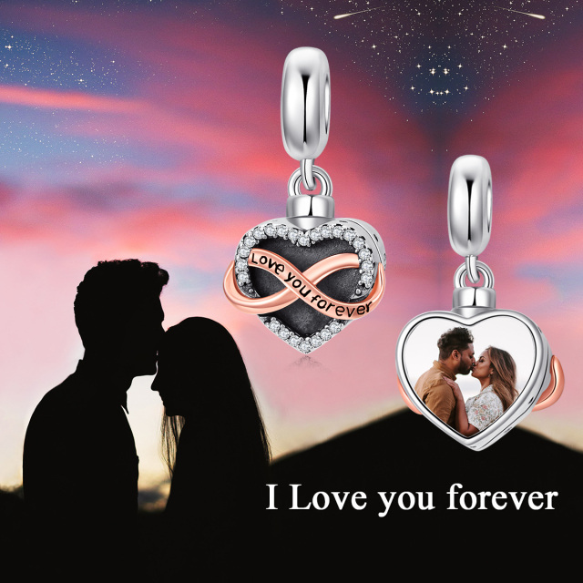 Sterling Silver Two-tone Circular Shaped Cubic Zirconia Personalized Photo & Heart Dangle Charm with Engraved Word-6