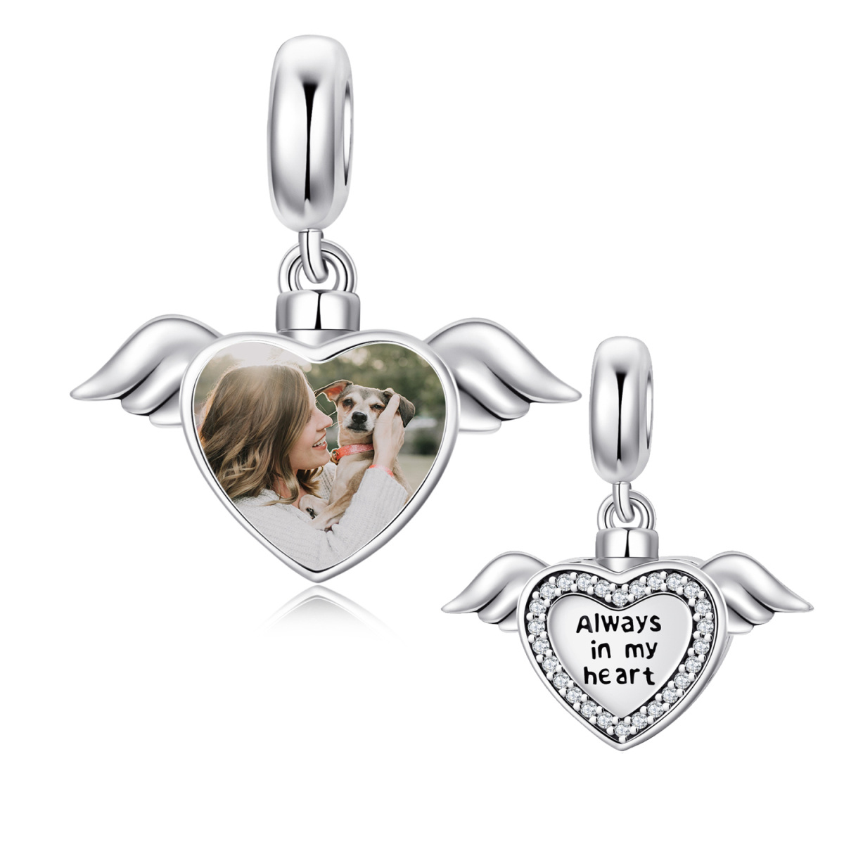 Sterling Silver Round Cubic Zirconia Angel Wing & Heart Dangle Charm with Engraved Word-1