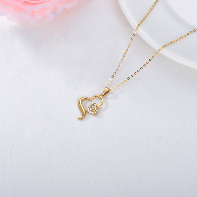 14K Gold Diamond Heart With Heart Pendant Necklace-3