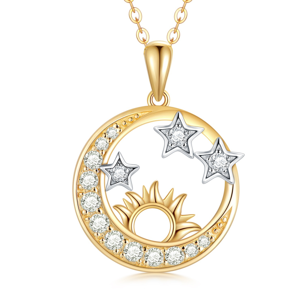 Collier pendentif lune, étoile et soleil en or 14K Moissanite-1
