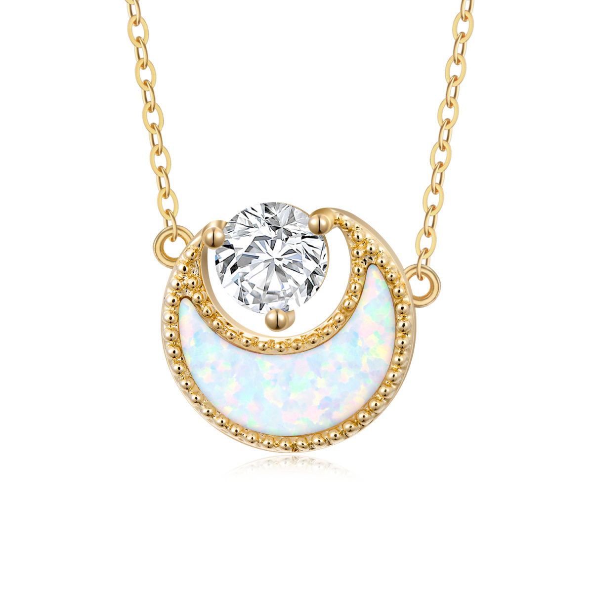 Collier pendentif lune en or 14K avec opale et zircon cubique-1