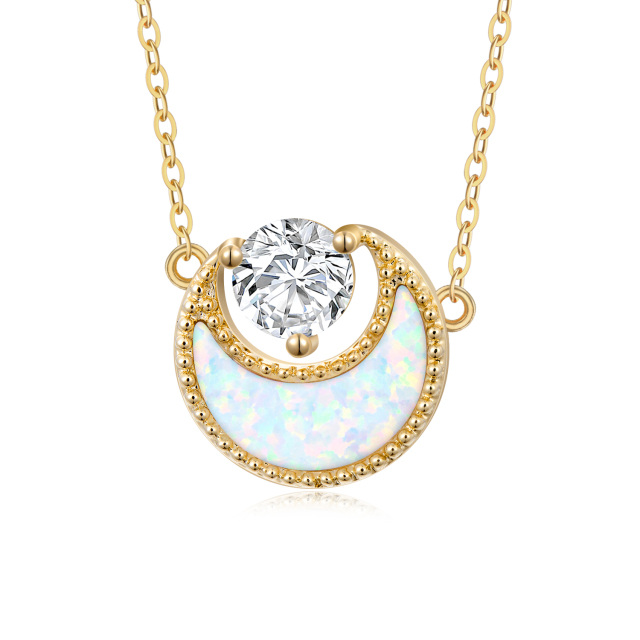 14K Gold Opal & Cubic Zirconia Moon Pendant Necklace-0