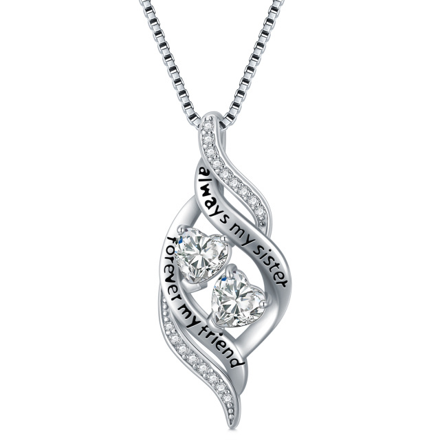 Sterling Silver Circular Shaped & Heart Shaped Cubic Zirconia Heart Pendant Necklace with Engraved Word-0