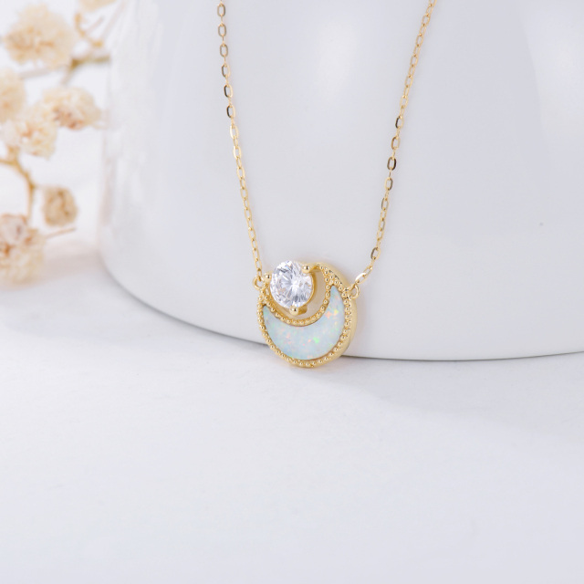 14K Gold Opal & Cubic Zirconia Moon Pendant Necklace-3