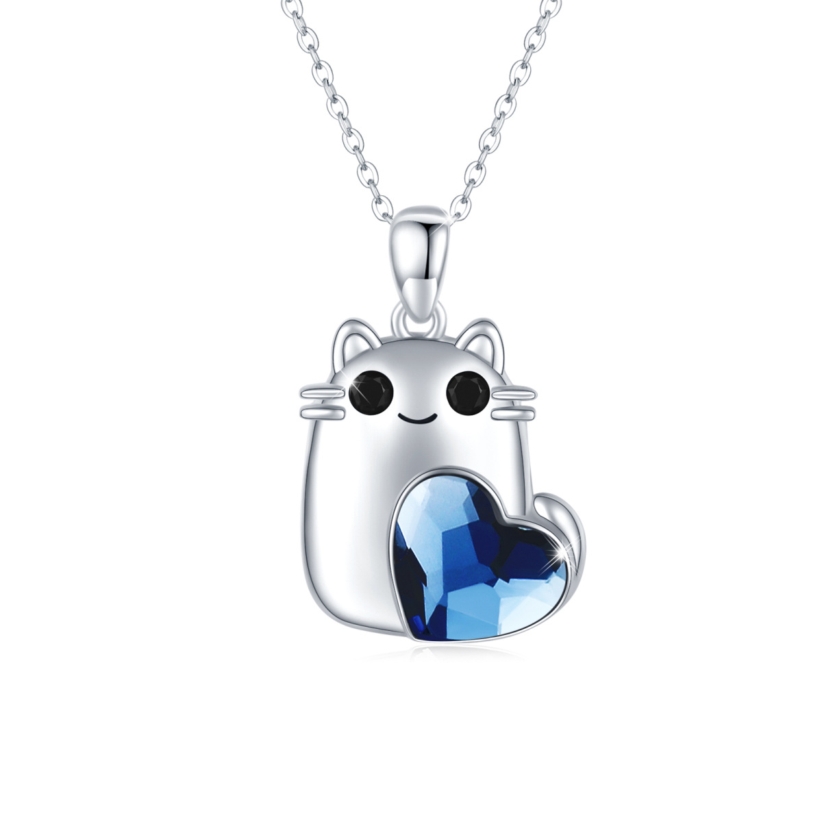 Sterling Silver Circular Shaped & Heart Shaped Crystal & Cubic Zirconia Cat & Heart Pendant Necklace-1