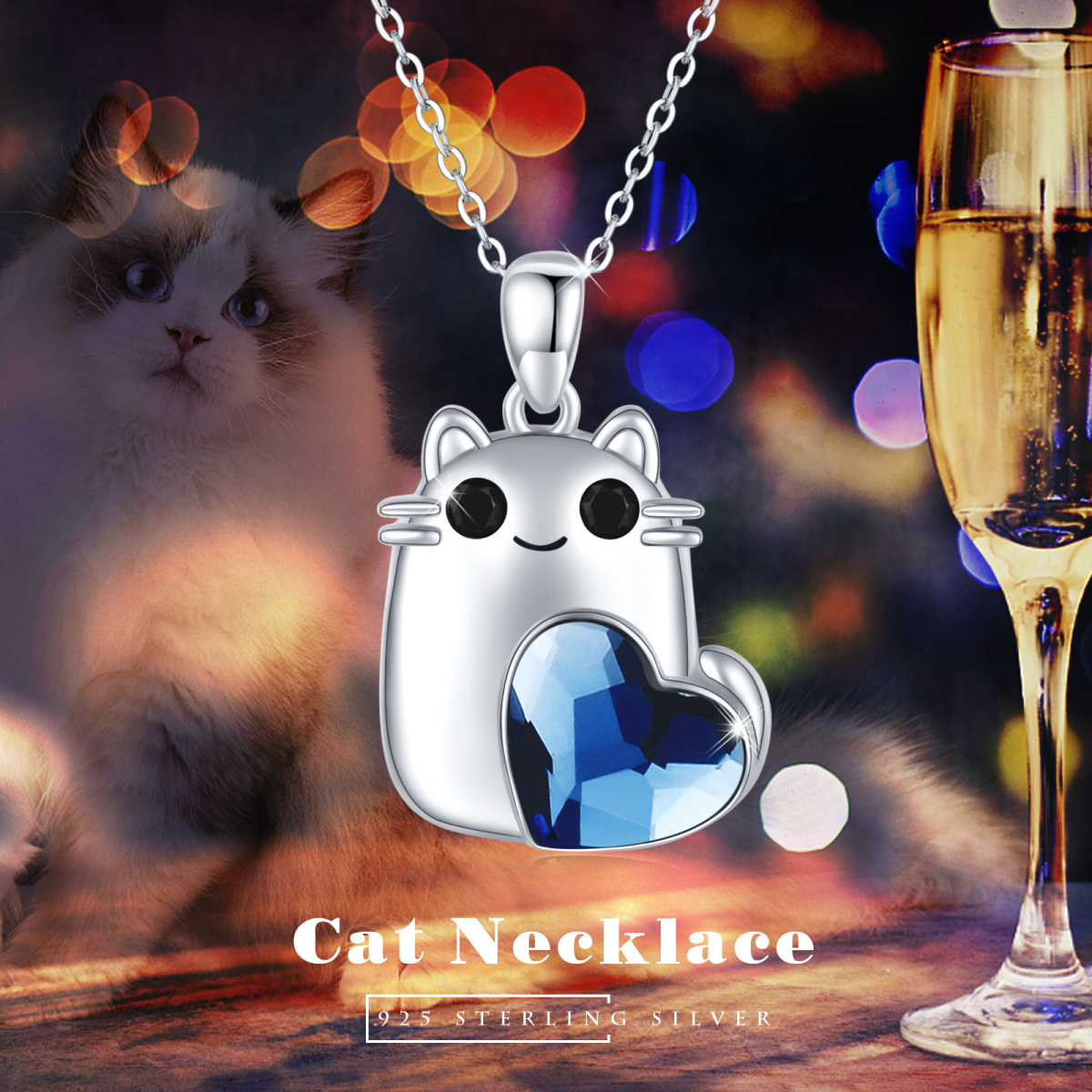 Collar Colgante Gato y Corazón de Plata de Ley con Forma Circular y Corazón de Cristal y C-6