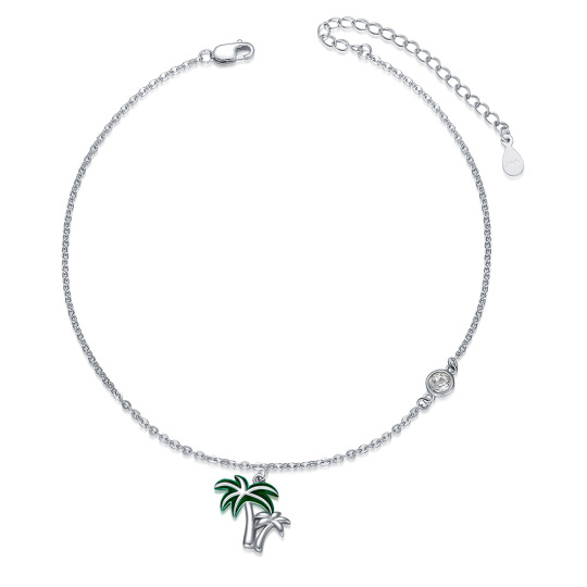 Sterling Silver Circular Shaped Crystal Coconut Tree Single Layer Anklet