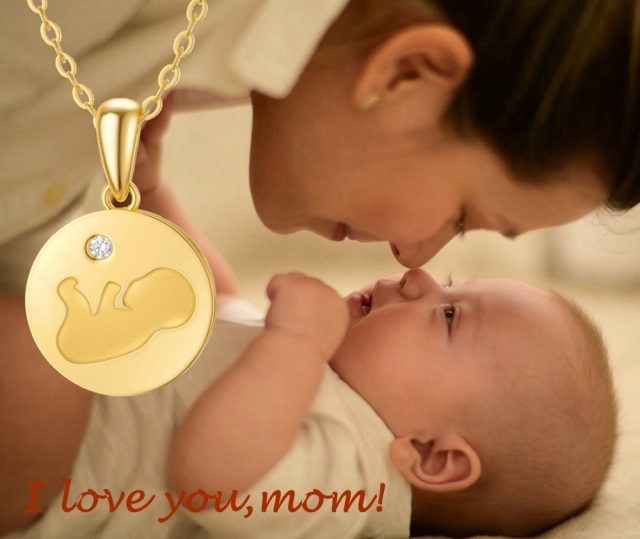 14K Gold Cubic Zirkonia Mutter & Tochter Münze Anhänger Halskette-2