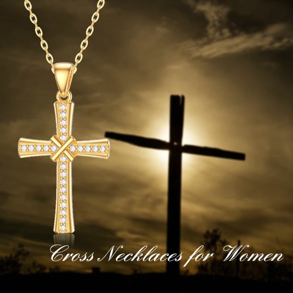 14K Gold Cubic Zirkonia Kreuz Anhänger Halskette-6