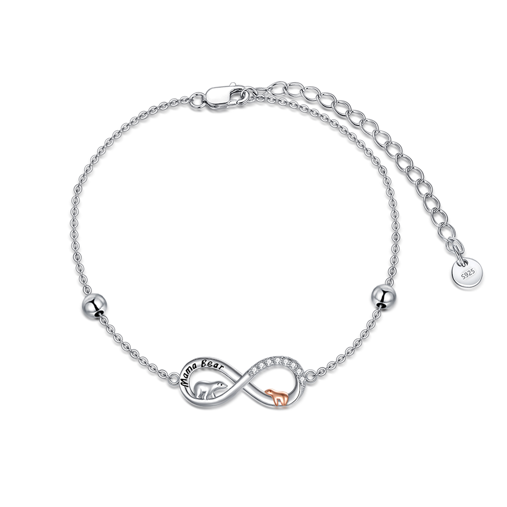 Pulsera de plata de ley con forma circular y circonita Oso polar y símbolo del infinito-1