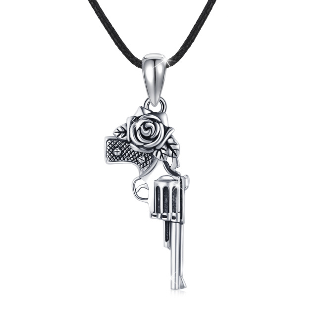 Sterling Silver Rose & Gun Pendant Necklace-0