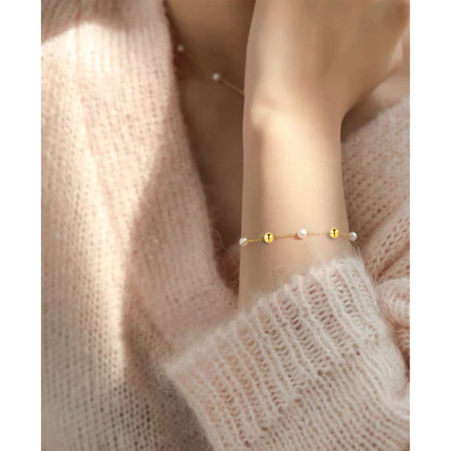 14K Gold Pearl Bead Chain Bracelet-2