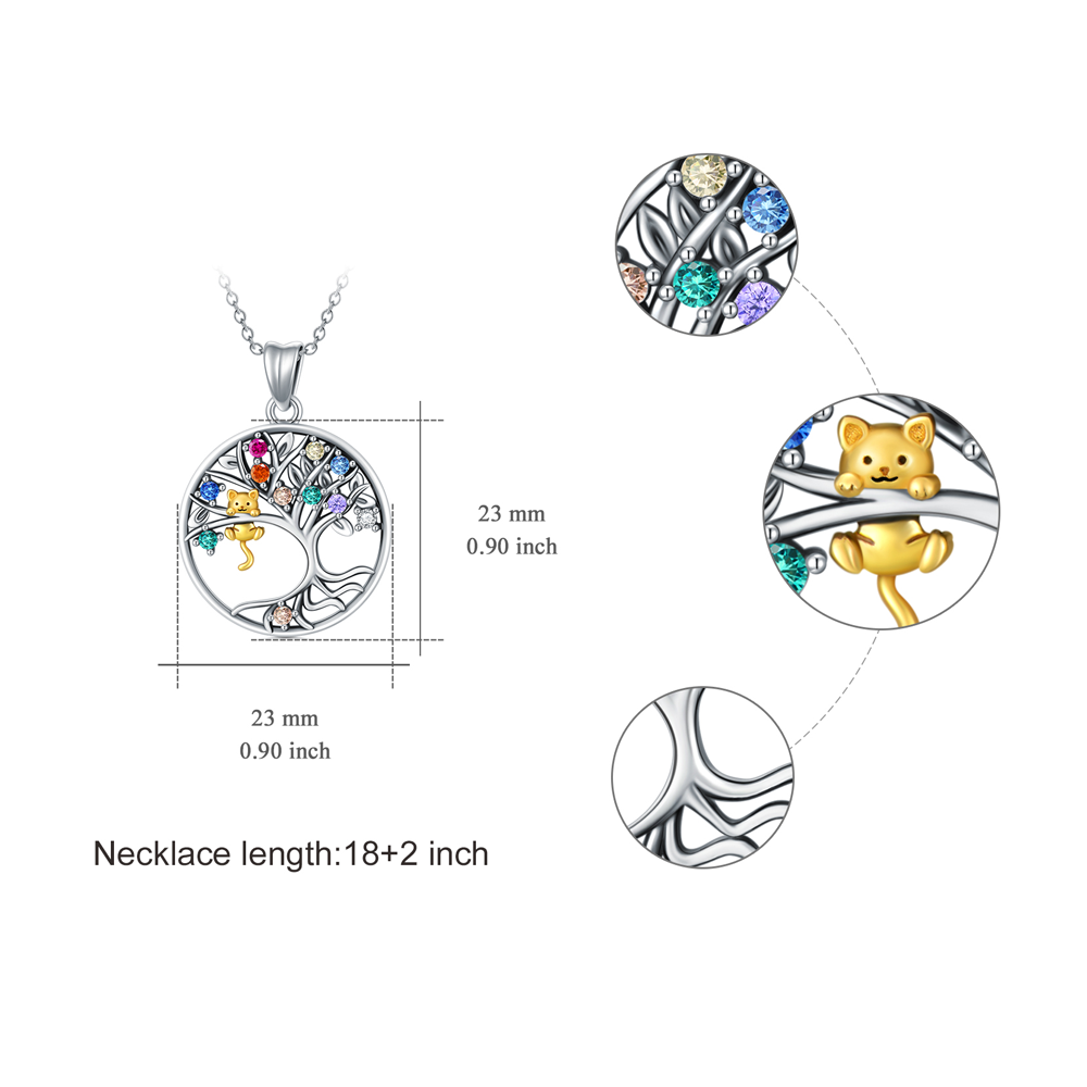 Sterling Silver Two-tone Circular Shaped Cubic Zirconia Cat & Tree Of Life Pendant Necklace-5
