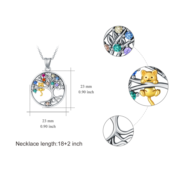 Sterling Silver Two-tone Circular Shaped Cubic Zirconia Cat & Tree Of Life Pendant Necklace-4