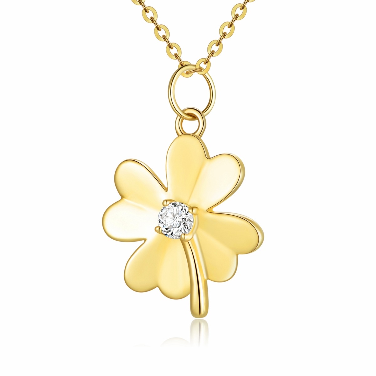 14K Gold Moissanite Four-leaf Clover Pendant Necklace with Rolo Chain-1