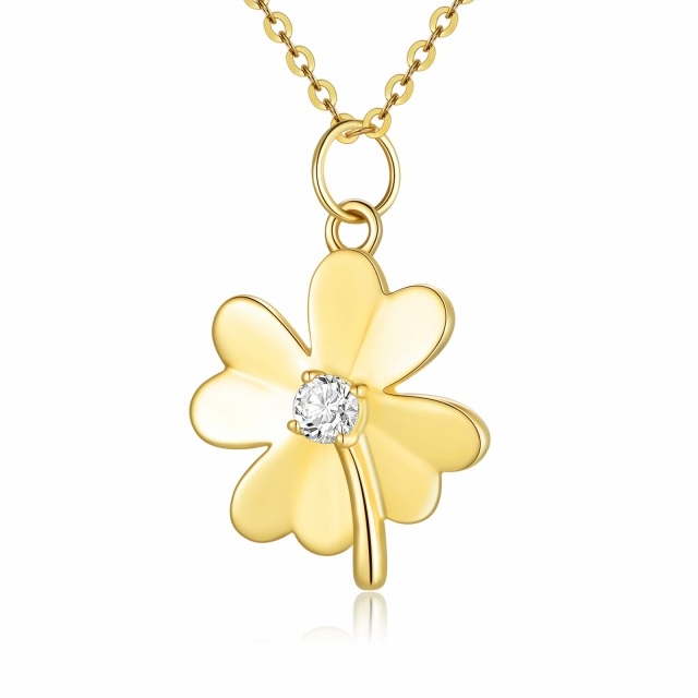 14K Gold Moissanite Four-leaf Clover Pendant Necklace with Rolo Chain-0