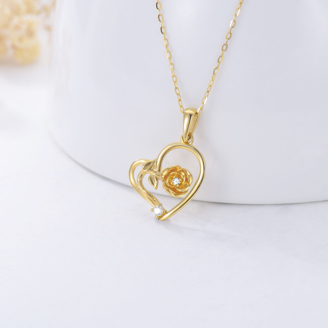 9K Gold Circular Shaped Cubic Zirconia Rose & Heart Pendant Necklace-2