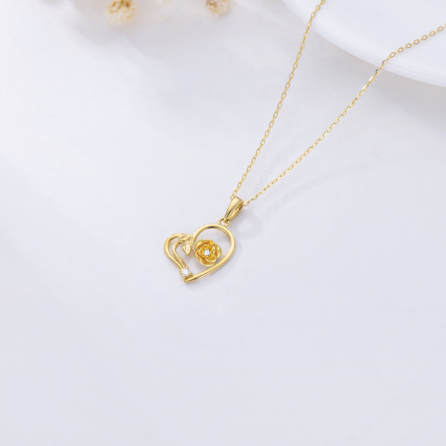 9K Gold Circular Shaped Cubic Zirconia Rose & Heart Pendant Necklace-3