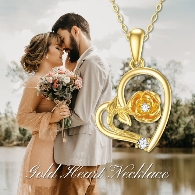 9K Gold Circular Shaped Cubic Zirconia Rose & Heart Pendant Necklace-4