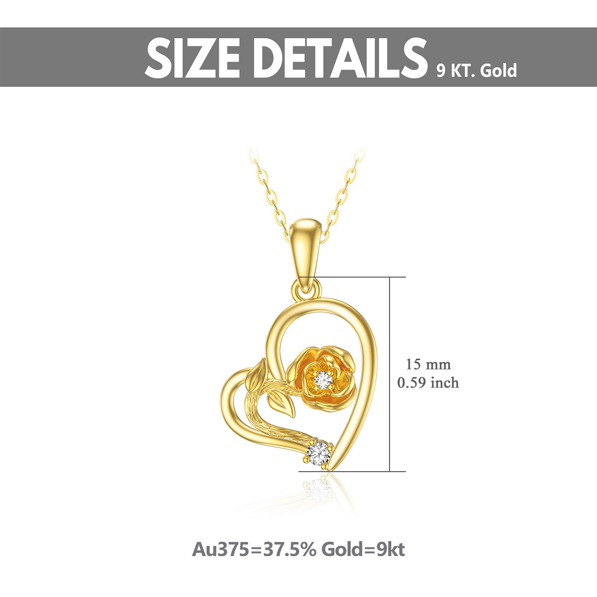 9K Gold Circular Shaped Cubic Zirconia Rose & Heart Pendant Necklace-6