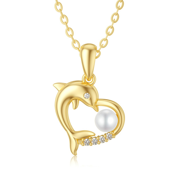 9K Gold Cubic Zirconia & Pearl Dolphin & Heart Pendant Necklace-1