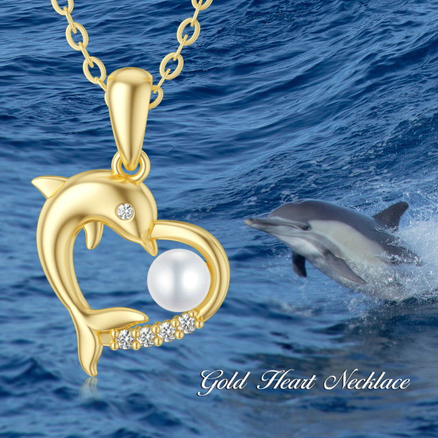 9K Gold Cubic Zirconia & Pearl Dolphin & Heart Pendant Necklace-5