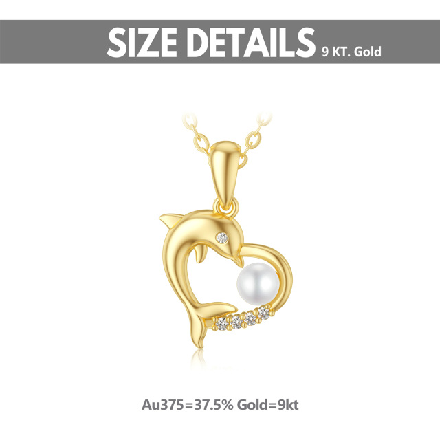 9K Gold Cubic Zirconia & Pearl Dolphin & Heart Pendant Necklace-6