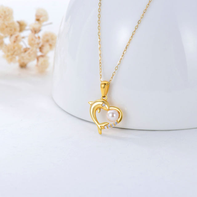 9K Gold Cubic Zirconia & Pearl Dolphin & Heart Pendant Necklace-3
