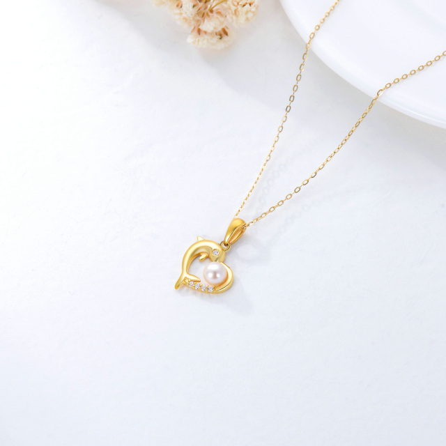 9K Gold Cubic Zirconia & Pearl Dolphin & Heart Pendant Necklace-4