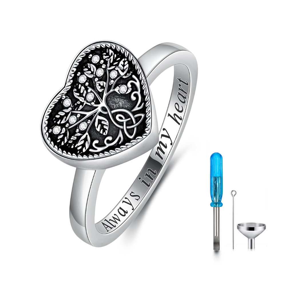 Sterling Silver Circular Shaped Crystal Tree Of Life & Heart Urn Ring with Engraved Word-1