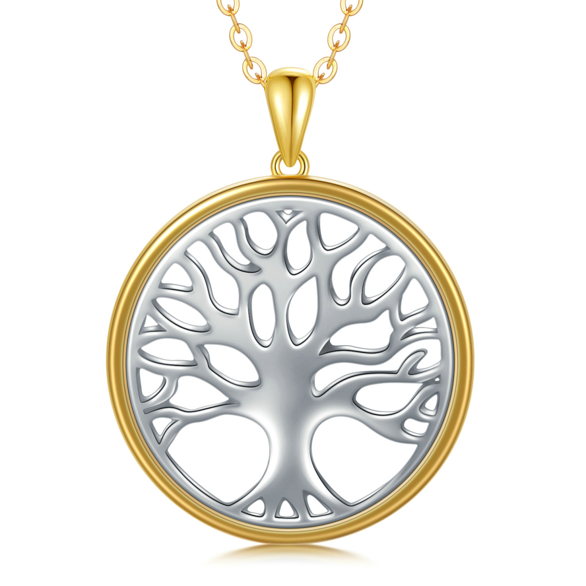 9K White Gold & Yellow Gold Tree Of Life Pendant Necklace-1