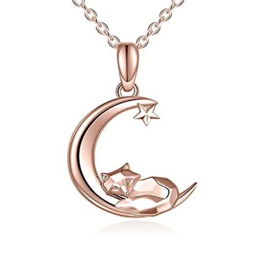 Collana con ciondolo a forma di volpe, luna e stella in oro rosa 14K