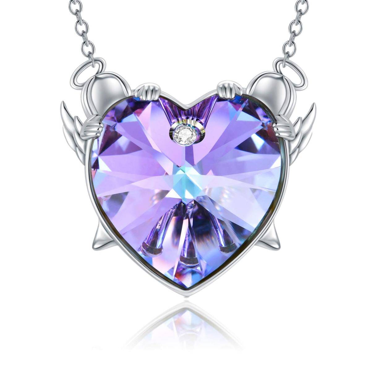 Sterling Silver Heart Heart Crystal Pendant Necklace-1