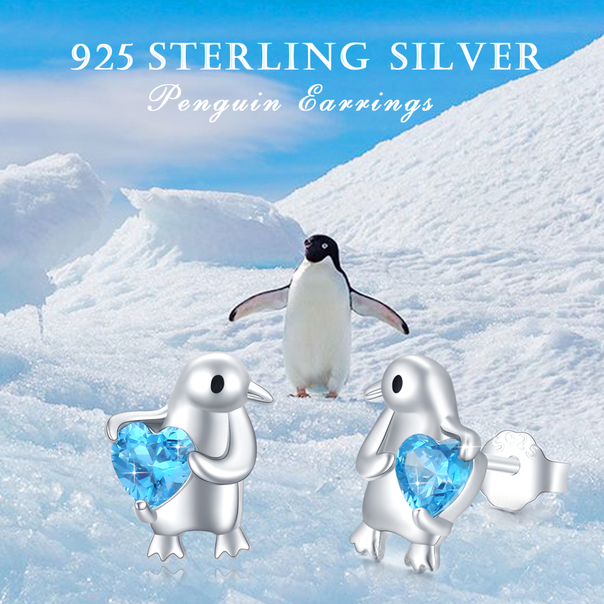 Sterling Silver Cubic Zirconia Penguin Stud Earrings-5