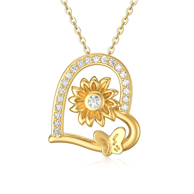 14K Gold Cubic Zirconia Butterfly & Sunflower & Heart Pendant Necklace-1