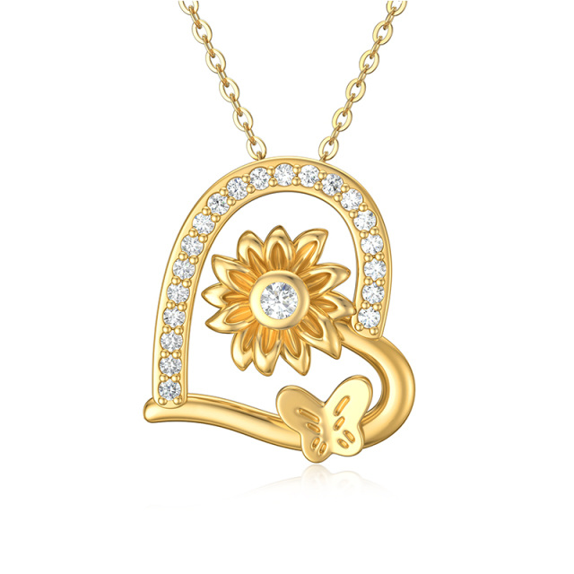 14K Gold Cubic Zirconia Butterfly & Sunflower & Heart Pendant Necklace-0