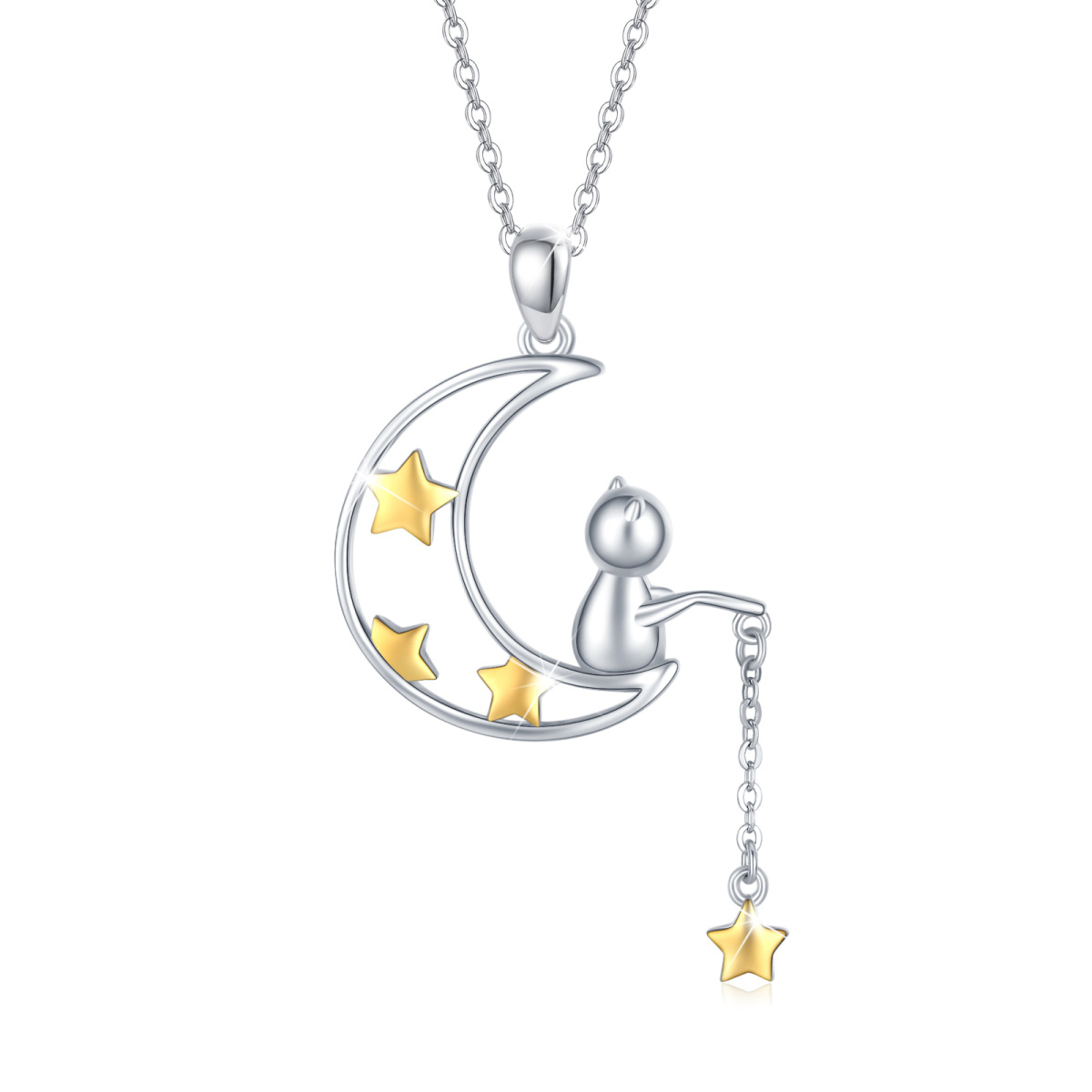 Sterling Silver Two-tone Moon & Star Pendant Necklace-1
