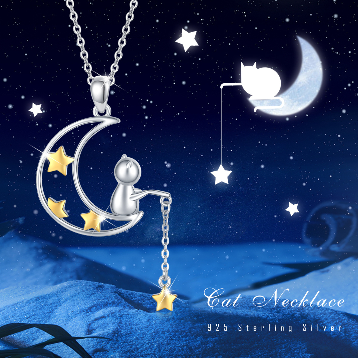 Collier pendentif étoile de lune bicolore en argent sterling-6