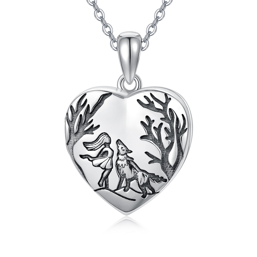 Sterling Silver Wolf Heart Personalized Photo Locket Necklace with Engraved Word-1