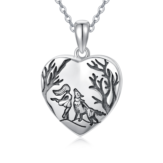 Sterling Silver Wolf Heart Personalized Photo Locket Necklace with Engraved Word-0