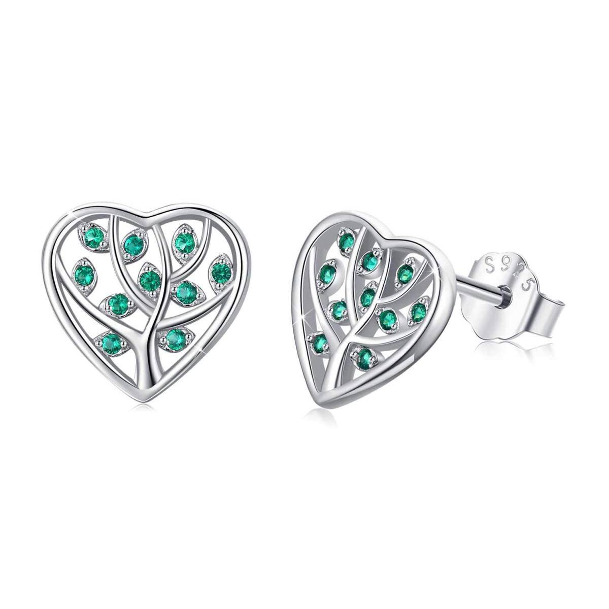 Sterling Silver Cubic Zirconia Tree Of Life & Heart Stud Earrings-1