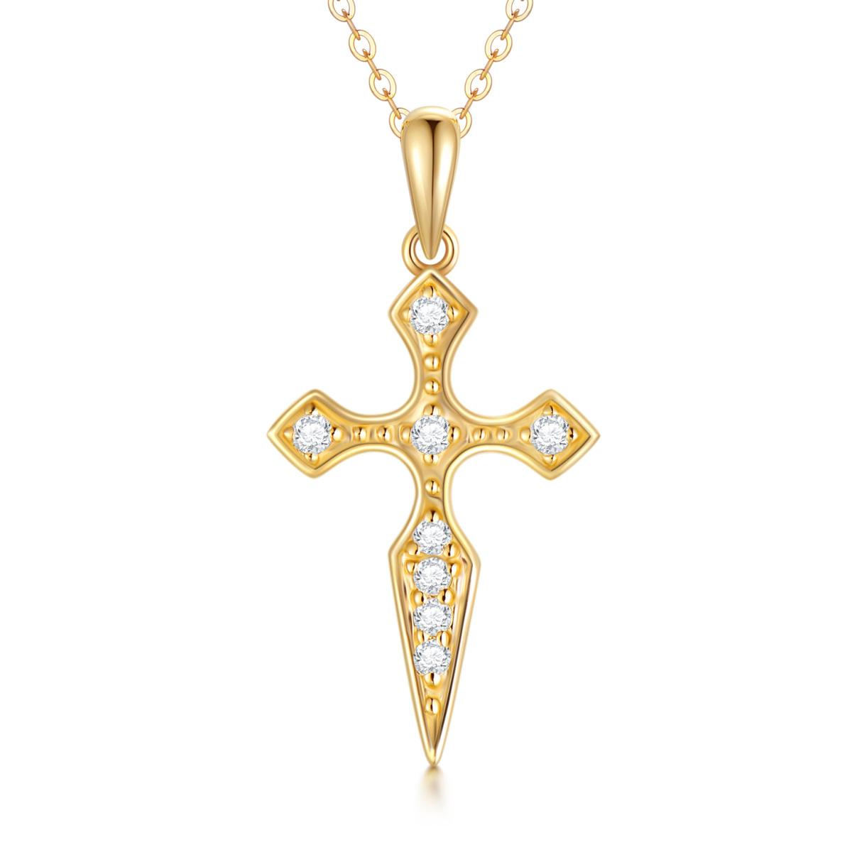 14K Gold Cubic Zirkonia Kreuz Anhänger Halskette-1