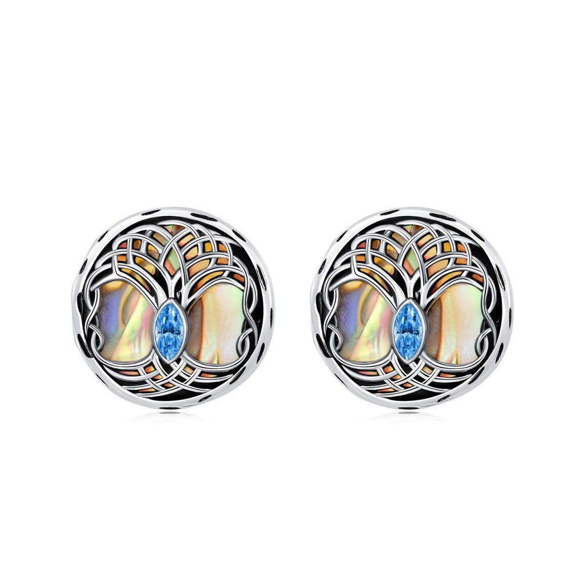 Sterling Silver Circular Shaped Abalone Shellfish Tree Of Life Stud Earrings-1