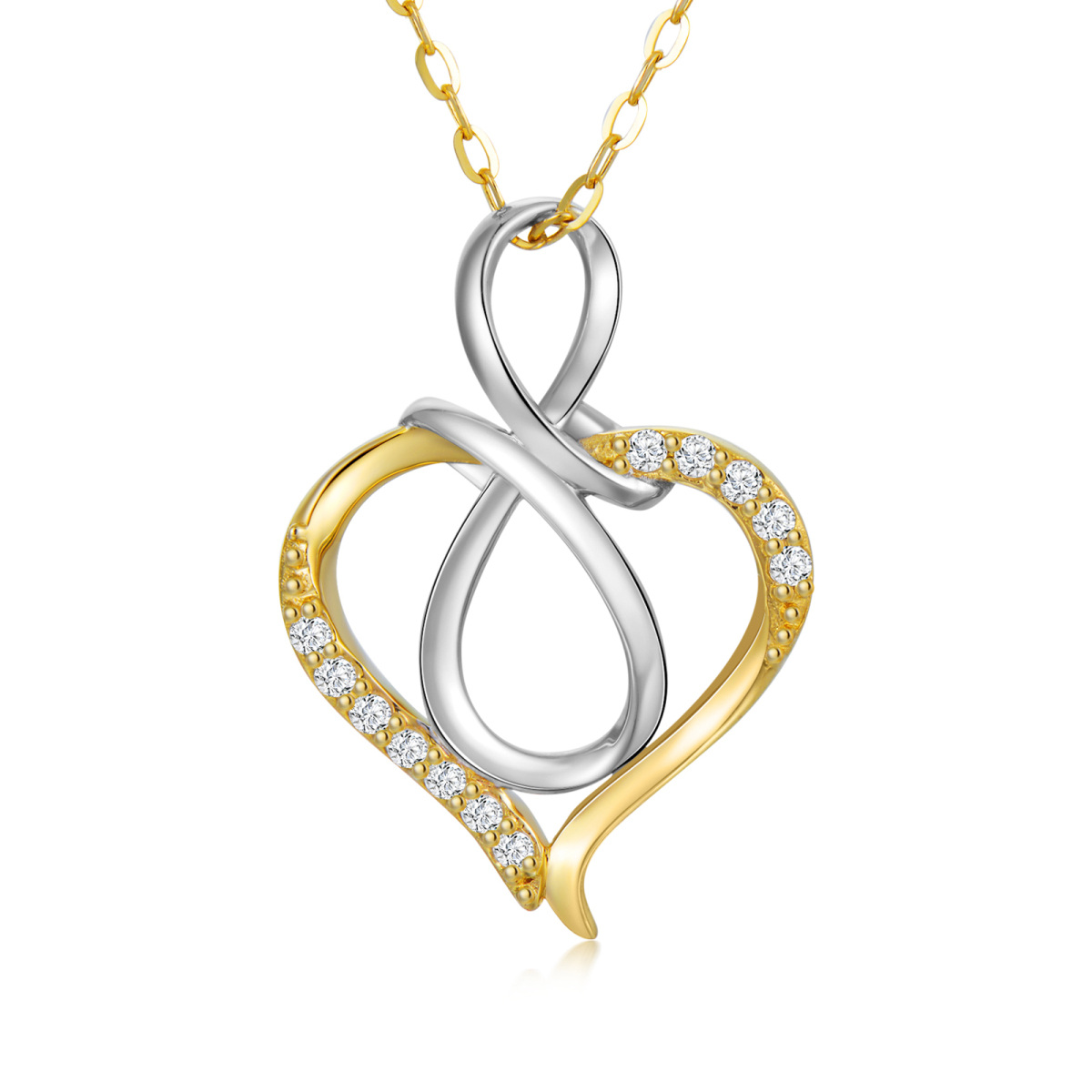 Halskette mit Anhänger aus 14 Karat Silber und Gold mit Diamanten im Herz-Unendlichkeitssymbol-1