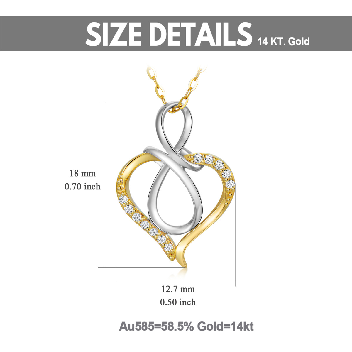 Halskette mit Anhänger aus 14 Karat Silber und Gold mit Diamanten im Herz-Unendlichkeitssymbol-6