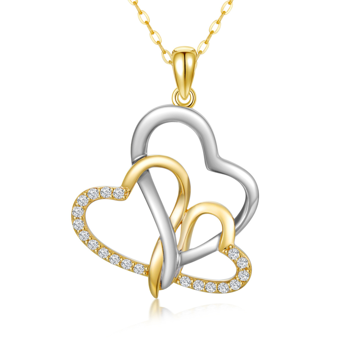 14K Oro Blanco y Oro Amarillo Diamond Heart With Heart Collar Colgante-1