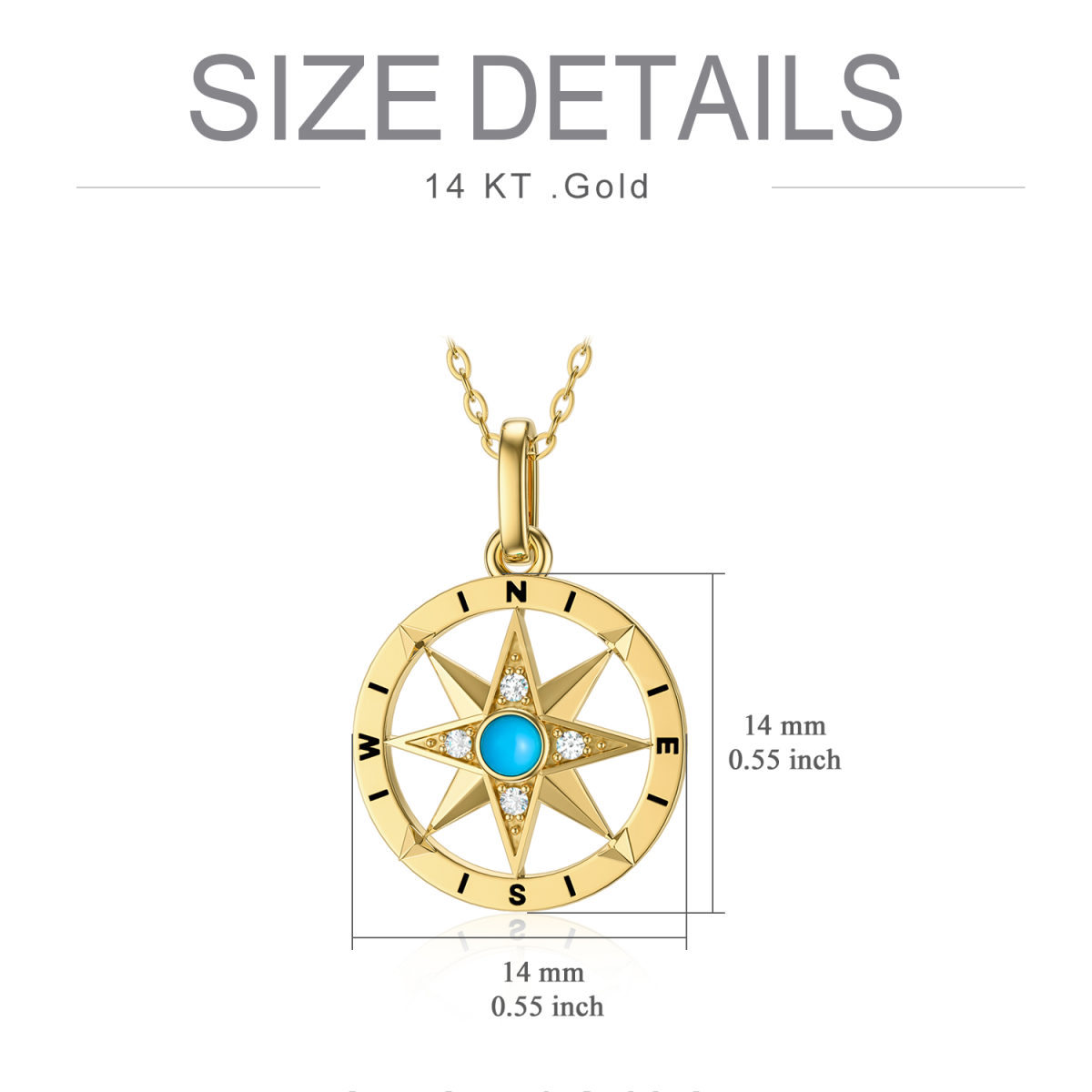 14K Gold Circular Shaped Cubic Zirconia & Turquoise Compass Pendant Necklace-5