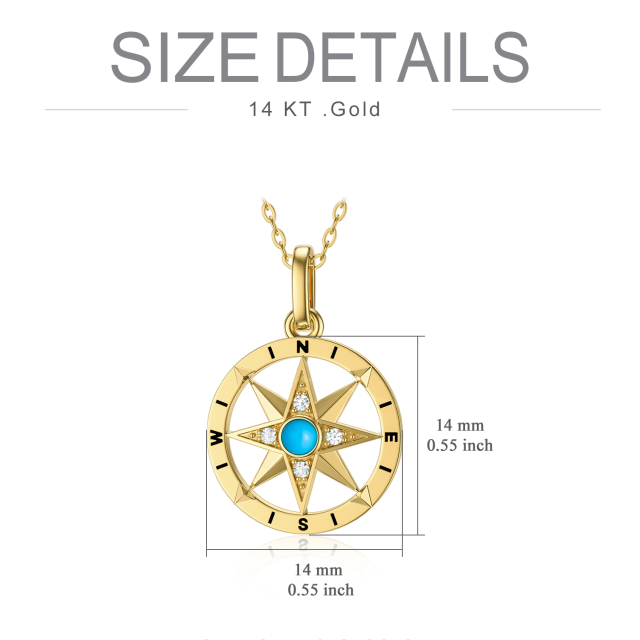 14K Gold Circular Shaped Cubic Zirconia & Turquoise Compass Pendant Necklace-4